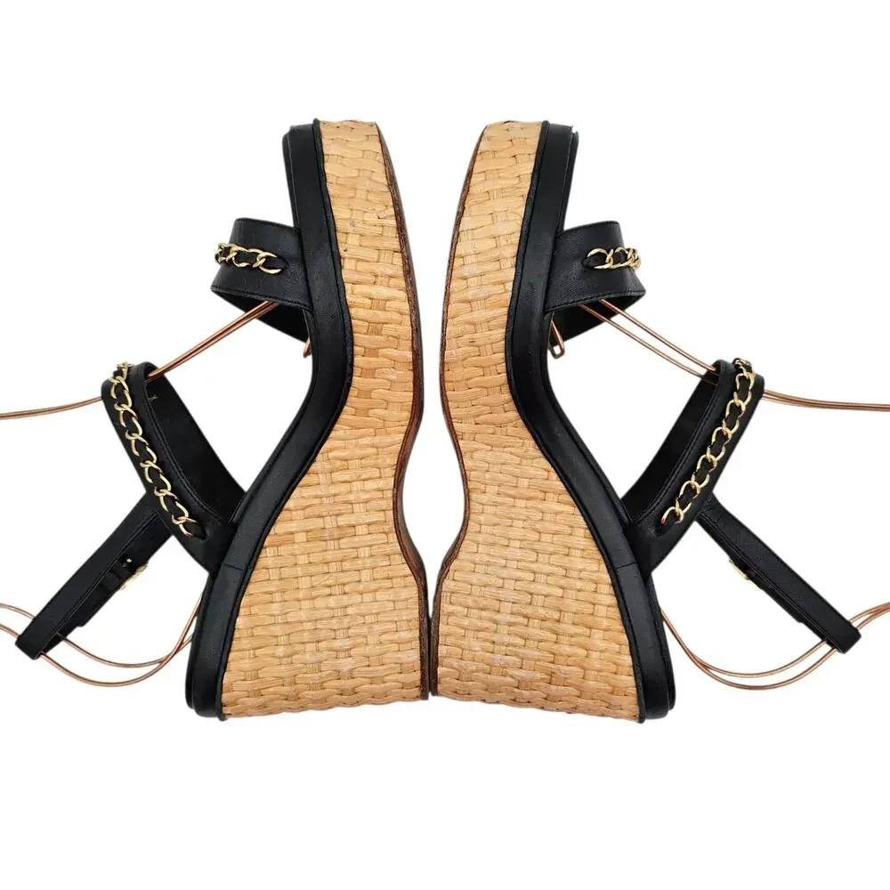 Chanel CC Chain Black Leather Platform Wedge Sandal Gold Brown Size 39 8 8.5